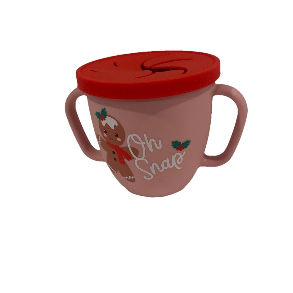 Modern Baby Toddler Silicone Snack‎ Cup & Lid Pink Red Gingerbread "Oh Snap" New